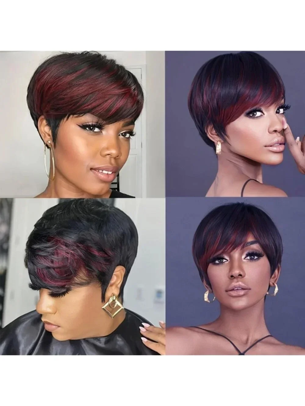 180% Density Burgundy Highlight Pixie Cut Wig - Glueless Human Hair for Daily